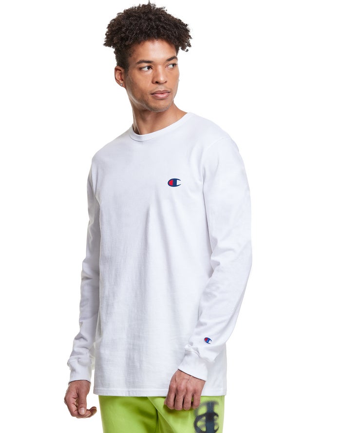 Champion Heritage Long-Sleeve Embroidered C Logo White T-Shirt Mens - South Africa JELNPU352